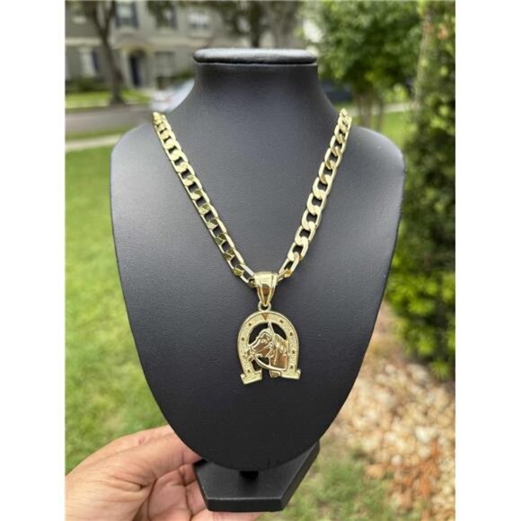 14K Gold Plated Hip Hop Horseshoe U-Shaped Pendant with Cuban Chain 24" 8mm - Picture 1 of 8
